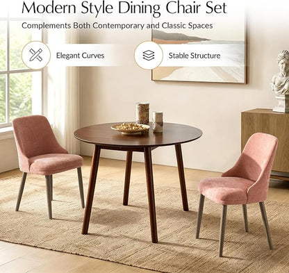 Upholstered Dining Chairs Set of 6, Fabric Dining Room Chairs with Curved Backrest, Solid Wood Legs, Modern Kitchen Chairs for Dining Room Living Room, Coral