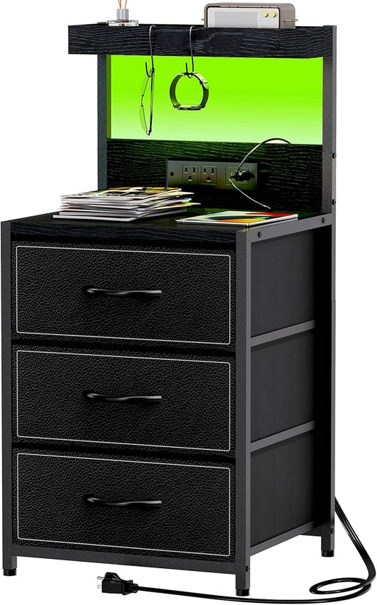 SZLHANJZ LED Nightstand with Charging Station, Night Stand with 3 Drawers and Lights, Storage Side Table with Shelf and Hooks, Tall End Table for Bedside, Bedroom, Modern Black