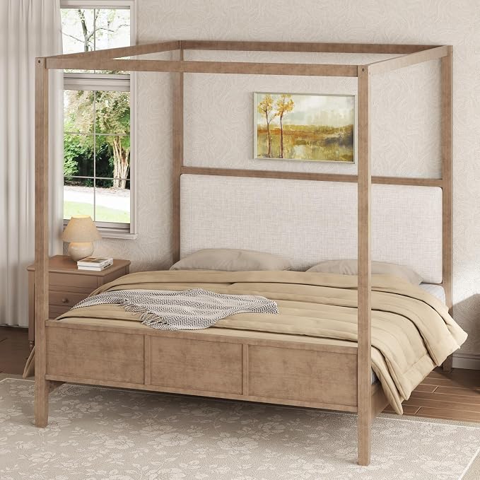 Merax King Size Canopy Bed with Upholstered Headboard, Wooden Platform Bed Frame with 4-Posters, Solid Wood Slat Support, No Box Spring Needed