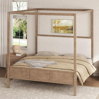 Merax King Size Canopy Bed with Upholstered Headboard, Wooden Platform Bed Frame with 4-Posters, Solid Wood Slat Support, No Box Spring Needed