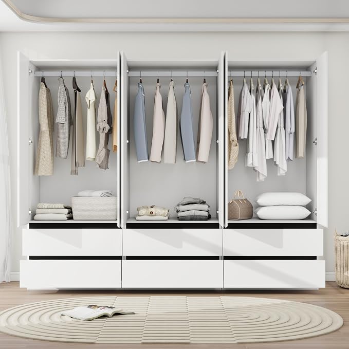 Armoire Wardrobe Closet with Drawers：75" Large White Wardrobe Closet Cabinet with 6 Doors for Hanging Clothes, Modern Wooden Bedroom Armoires with 6 Drawers and Storage (A+A+A, 94.5")