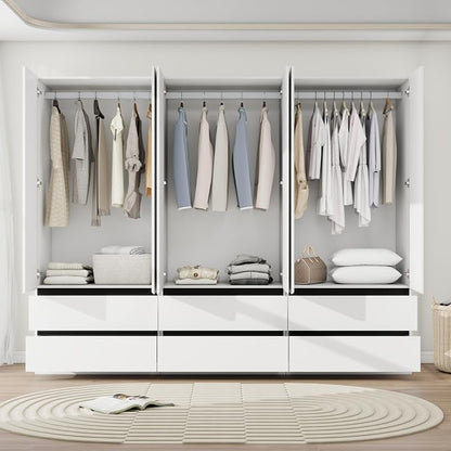 Armoire Wardrobe Closet with Drawers：75" Large White Wardrobe Closet Cabinet with 6 Doors for Hanging Clothes, Modern Wooden Bedroom Armoires with 6 Drawers and Storage (A+A+A, 94.5")