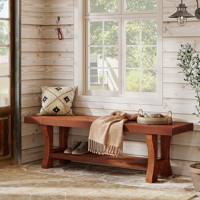Solid Wood Entryway Bench, 55" End of Bed Bench, Long Indoor Dining Seat for Hallway, Bedroom, Living Room, Dining Room, Easy Assembly, Red Brown