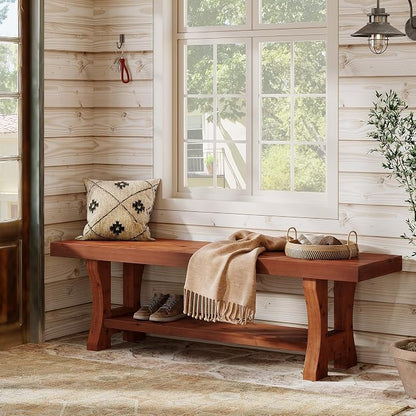 Solid Wood Entryway Bench, 55" End of Bed Bench, Long Indoor Dining Seat for Hallway, Bedroom, Living Room, Dining Room, Easy Assembly, Red Brown