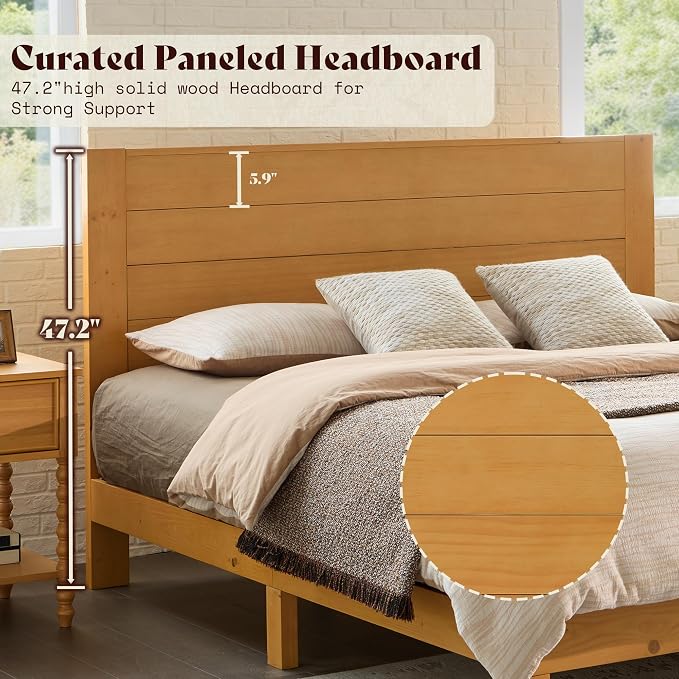 AMERLIFE 3 Piece King Bedroom Set, Solid Wood Platform Bed Frame & Nightstand Set of 2, Mid Century Modern Wooden Bedroom Furniture Set, No Box Spring, Noise-Free, Natural