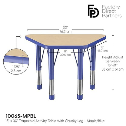FDP Trapezoid Activity School and Classroom Kids Table (18 x 30 inch), Chunky Toddler Legs for Collaborative Seating Environments, Adjustable Height 15-24 inches - Maple Top and Blue Edge