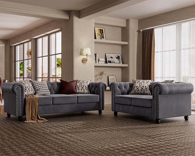 Morden Fort Classic Chesterfield Sofa Set 82'', Tufted Sofa for Couch Set with Solid Wood Legs Thick Cushion, Pet-Friendly Deep Seat Sofas Couches for Living Room Bedroom Apartment - Velvet Grey