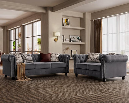 Morden Fort Classic Chesterfield Sofa Set 82'', Tufted Sofa for Couch Set with Solid Wood Legs Thick Cushion, Pet-Friendly Deep Seat Sofas Couches for Living Room Bedroom Apartment - Velvet Grey