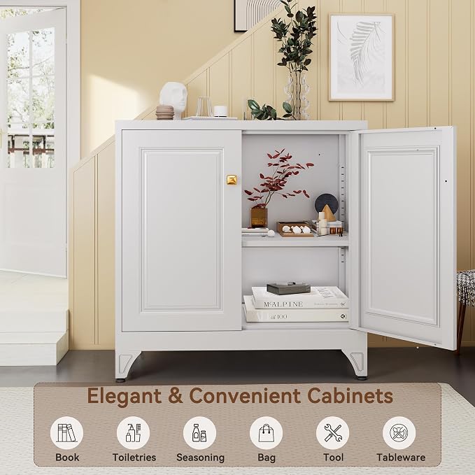 UNICOLY Sideboard Buffet Cabinet, 33" H Sideboard Buffet Storage Cabinet with Doors and Shelves, Coffee Bar, Metal Side Board Cabinets for Living Room, Assembly Required, White