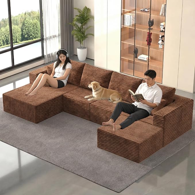118" Modular Sectional Sofa with Chaise and Ottoman, Oversized U-Shaped Corduroy Cloud Couch, Deep Seat Boneless Couch for Living Room, No-Assembly,Brown(Left Facing Chaise)