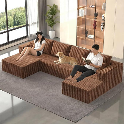 118" Modular Sectional Sofa with Chaise and Ottoman, Oversized U-Shaped Corduroy Cloud Couch, Deep Seat Boneless Couch for Living Room, No-Assembly,Brown(Left Facing Chaise)