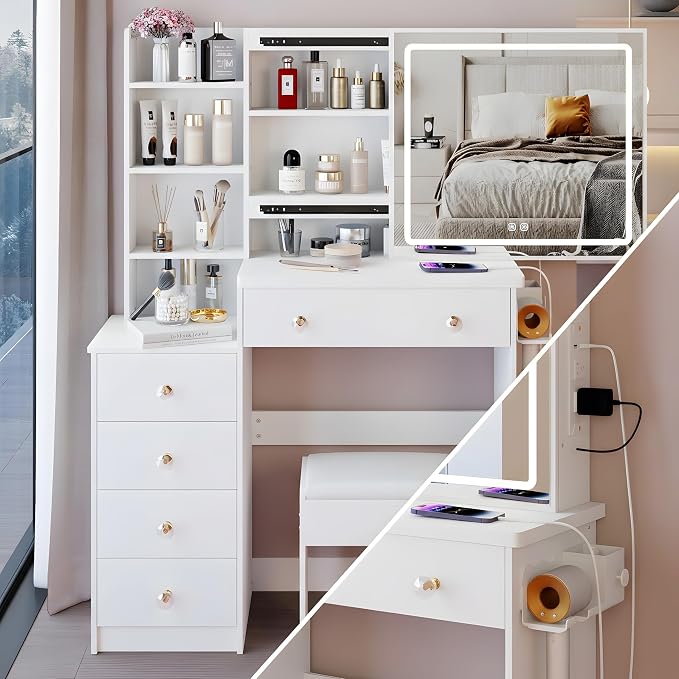 5 Pieces Queen Bedroom Set, PU Fabric Metal Bed Frame with Charge Port& LED, 6 Tier Rotating Bookshelf, Vanity Table with Sliding Light Mirror& Hair Dryer Holder, 2 Nightstands with Charge
