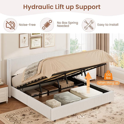 Garvee King Lift Up Storage Bed Frame, Corduroy Upholstered Platform Bed with Gas Lift, Padded Headboard, Wooden Slat Support, No Box Spring Needed, Easy Assembly, White