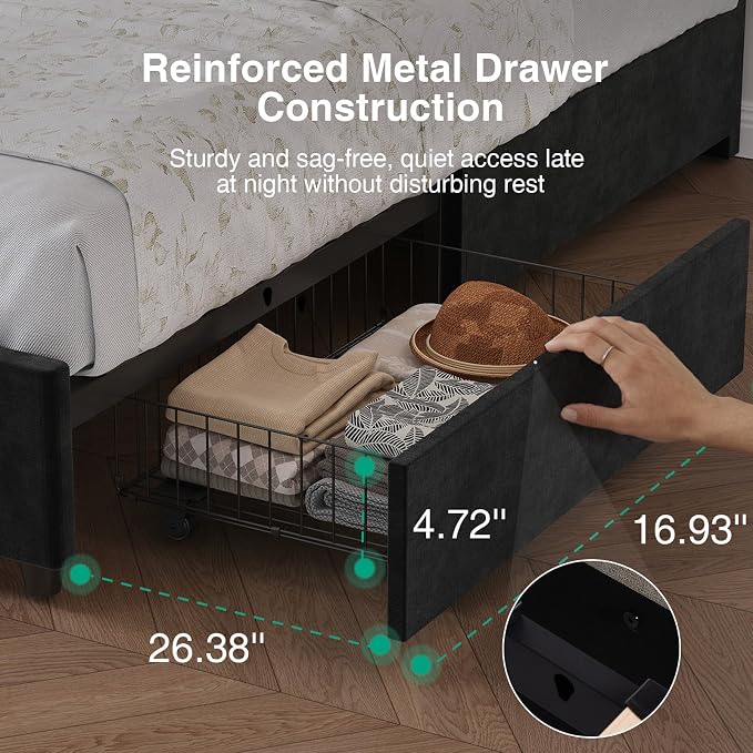 Novilla Queen Bed Frame with Headboard, Queen Bed Frame with Drawers, Queen Bed Frame with LED Lights, Charging Station and Adjustable Headboard, No Box Spring Needed, Black Velvet