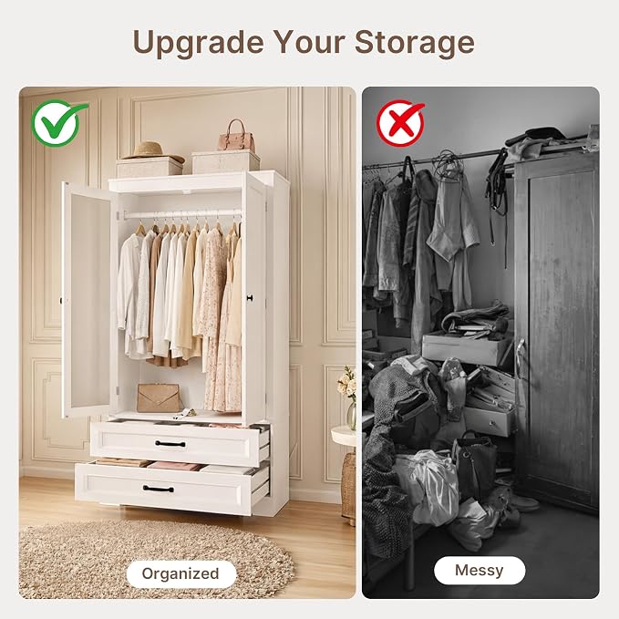 Gizoon Wooden Armoire Wardrobe with Full-Length Mirror & 2 Drawers, 2 Doors, Hanging Rod, Anti-tip, Adjustable Mirror Position (Left/Right), freestanding Wardrobe for Bedroom, White