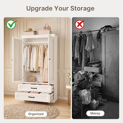 Gizoon Wooden Armoire Wardrobe with Full-Length Mirror & 2 Drawers, 2 Doors, Hanging Rod, Anti-tip, Adjustable Mirror Position (Left/Right), freestanding Wardrobe for Bedroom, White