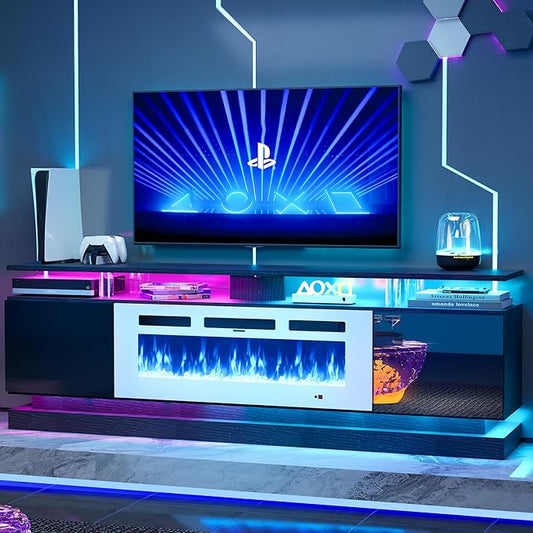 70" Fireplace TV Stand, Modern Entertainment Center for TVs Up to 80”, TV Console with Storage Cabinets, Media Console for Living Room,Black TV Stand and White Fireplace