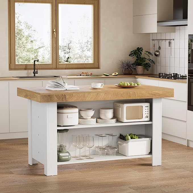 LITTLE TREE 55 Inches Kitchen Island with Storage, 3-Tier Farmhouse Stationary Island Table with Large Worktop & Leg Room, Modern Coffee Bar Table with Storage Shelf for Kitchen, Oak & White