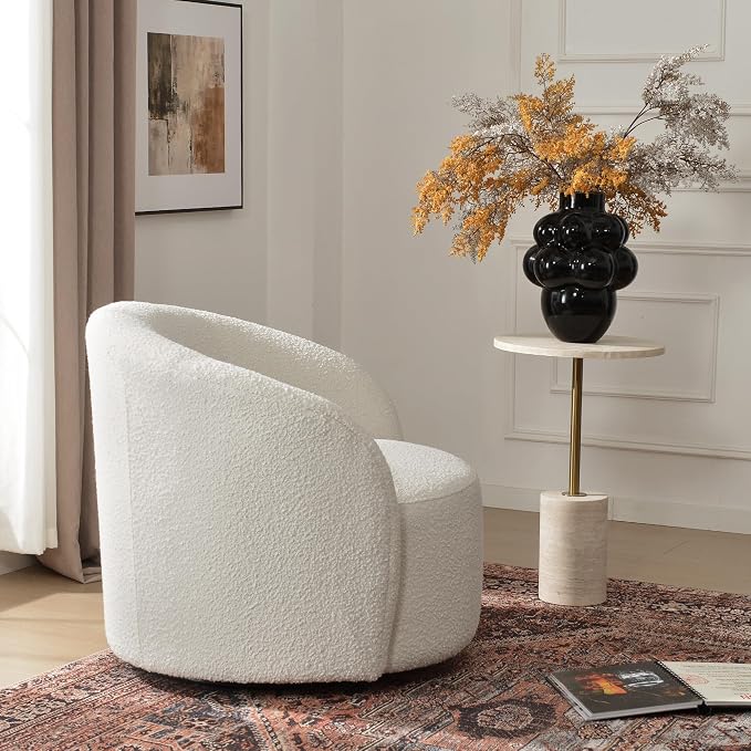 KINWELL 34" W Mid Century Modern Swivel Barrel Chair, Round Upholstered Boucle Swivel Accent Chairs, No Assembly Sofa Chair for Living Room Bedroom Reading Apartment Lounge Nursery(Cream)