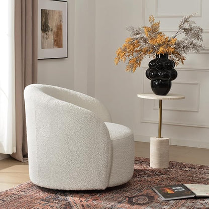 KINWELL 34" W Mid Century Modern Swivel Barrel Chair, Round Upholstered Boucle Swivel Accent Chairs, No Assembly Sofa Chair for Living Room Bedroom Reading Apartment Lounge Nursery(Cream)