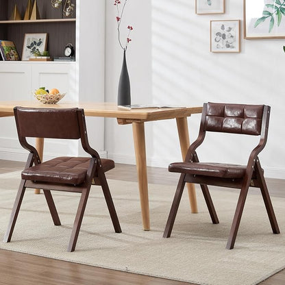 2-Pack Folding Dining Chairs with Cushion,Faux Leather Padded Foldable Dining Chairs,Portable Wooden Folding Chairs for Dining Rooms Kitchen Wedding and Party Indoor Brown