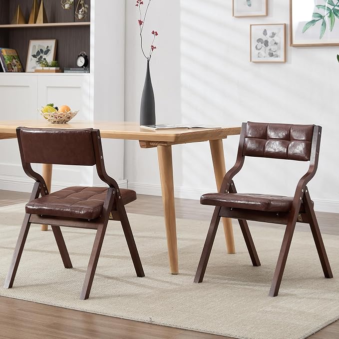4-Pack Folding Dining Chairs with Cushion,Faux Leather Padded Foldable Dining Chairs,Portable Wooden Folding Chairs for Dining Rooms Kitchen Wedding and Party Indoor Brown
