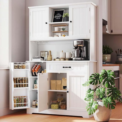 Gizoon Tall Kitchen Storage Cabinet with Door and Shelves, 67" Kitchen Pantry Cabinet Large Coffee Bar Hutch with Storage for Dining Room, Painted White