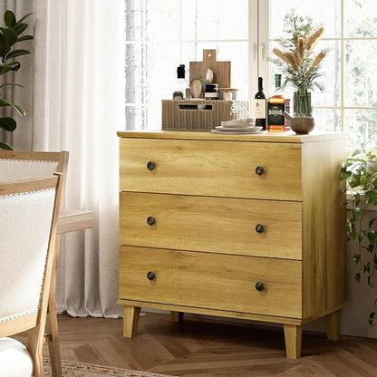 Bedroom Dresser with 3 Drawers, Chest of Drawers, Modern Closet Organizer Bachelors Chest w/Solid Wood Legs for Living Room, Baby Room, Nursery, Oak