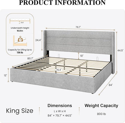 SHA CERLIN King Size Lift Up Storage Bed/Modern Wingback Headboard/Upholstered Platform Bed Frame/Hydraulic Storage/No Box Spring Needed/Wood Slats Support/Light Grey