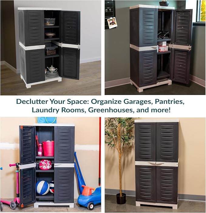 Sunnydaze 48" H Resin Garage Storage Cabinet - Garage Cabinet with Lockable Doors and 3 Adjustable Shelves - Freestanding Utility Storage for Laundry Room, Office, Basement - Charcoal