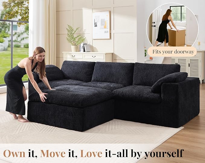 Jocisland 120" Cloud Modular Sectional Sofa, No-Assembly Oversized Chenille Couch with 76.4" Extra-Deep Chaise, Modern Black Cloud Couch for Living Room