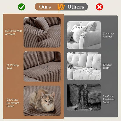 95" L Shaped Cloud Boneless Sectional Couches for Living Room, Modern Comfy Modular Deep Seat Memory Foam Compressed Corduroy Sofa Oversized Left Facing Chaise, No Assembly Required, Brown