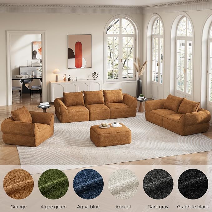 104" Modular Sectional Sofa with Deep Seat, Comfortable Upholstery L Shaped Cloud Couch for Living Room, 3-Seater Boneless Sofa with Movable Ottomans, Removable Cover, No Assembly Required, Orange