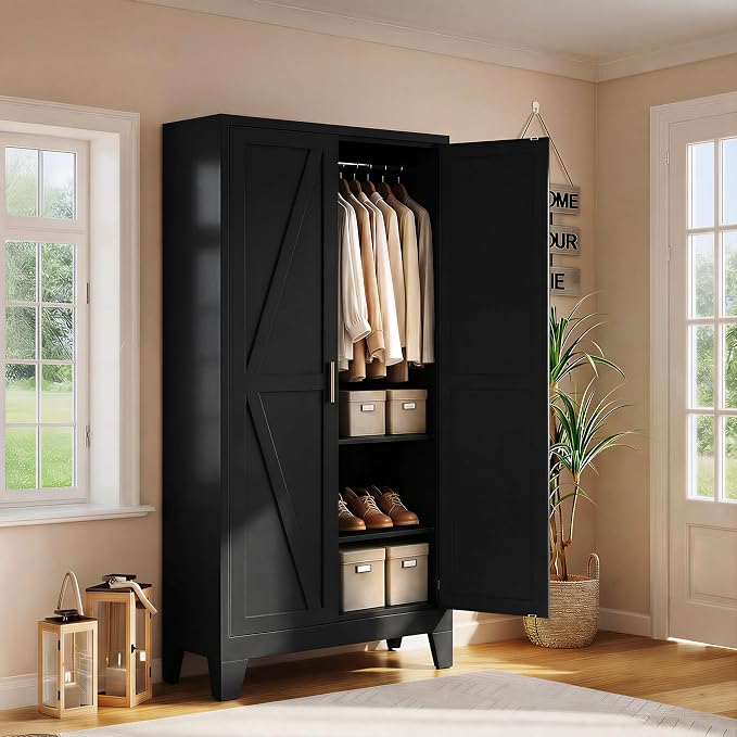 71" H Black Closet,Armoire Wardrobe Closet,Metal Wardrobe Closet with Doors and Shelves,Large Wardrobe Closet for Bedroom