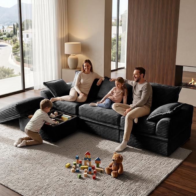 Upgrade Boneless Couch with Storage, Extra Deep&High Seat Modular Sectional Sofa 3 Seater L Shaped Cloud Couch with Ottoman, Tool-Free Assembly Sectional Couches for Living Room, Black