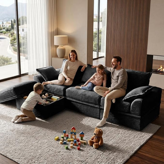 Upgrade Boneless Couch with Storage, Extra Deep&High Seat Modular Sectional Sofa 3 Seater L Shaped Cloud Couch with Ottoman, Tool-Free Assembly Sectional Couches for Living Room, Black