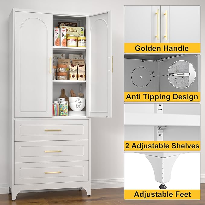 SteeLoong Metal Kitchen Pantry Cabinet with 3 Drawers，75 Inch White Food Pantry Cabinets for Kitchen Storage with 2 Adjustable Shelves,Tall Storage Cupboard for Living Room,Dining Room Office