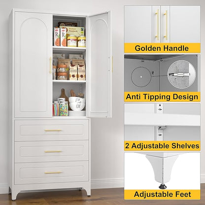 SteeLoong Metal Kitchen Pantry Cabinet with 3 Drawers，75 Inch White Food Pantry Cabinets for Kitchen Storage with 2 Adjustable Shelves,Tall Storage Cupboard for Living Room,Dining Room Office