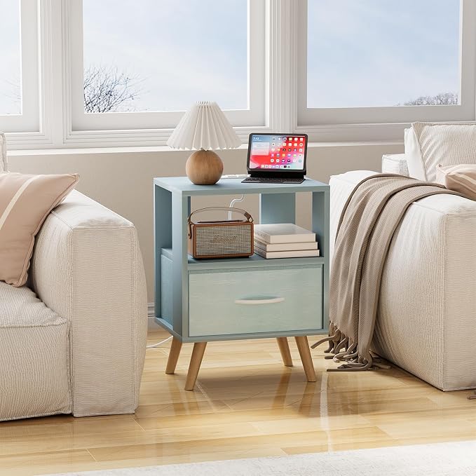 Huhote Kids Nightstand, 2-Tier Night Stand with Charging Station and Drawer, Modern Side Table for Bedroom, Study Room, Small Spaces, Blue