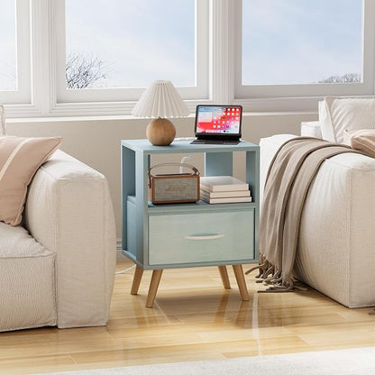 Huhote Kids Nightstand, 2-Tier Night Stand with Charging Station and Drawer, Modern Side Table for Bedroom, Study Room, Small Spaces, Blue