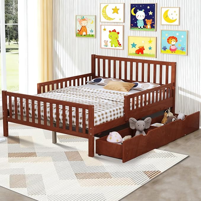 Bellemave Kids Full Bed Frame with Fences and 2 Drawers, Full Size Wooden Platform Bed with Guardrails on Both Sides for Boys Girls, Walnut