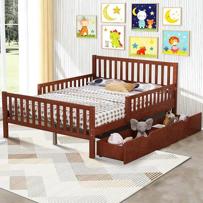 Bellemave Kids Full Bed Frame with Fences and 2 Drawers, Full Size Wooden Platform Bed with Guardrails on Both Sides for Boys Girls, Walnut