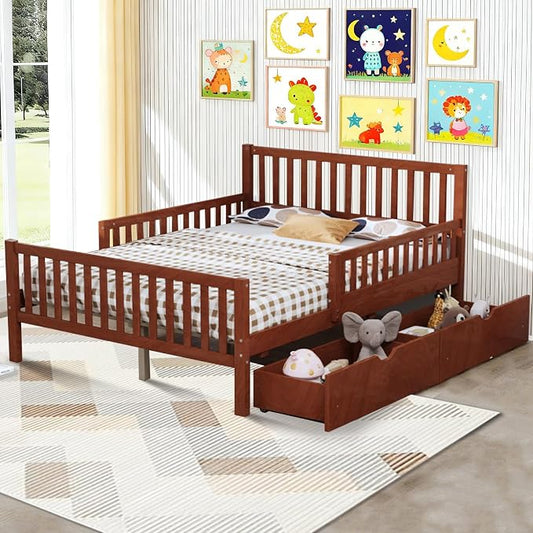 Bellemave Kids Full Bed Frame with Fences and 2 Drawers, Full Size Wooden Platform Bed with Guardrails on Both Sides for Boys Girls, Walnut