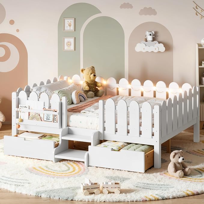 Bellemave Full Kids Montessori Bed with Stairs, Bookshelf and LED Lights, Solid Wood Kids Bed Frame with Storage Drawers for Boys Girls, Low Profile,White