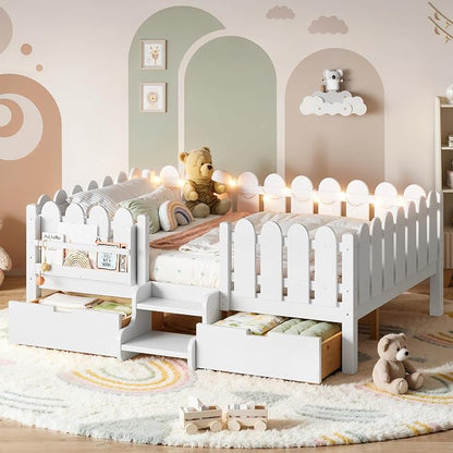 Bellemave Full Kids Montessori Bed with Stairs, Bookshelf and LED Lights, Solid Wood Kids Bed Frame with Storage Drawers for Boys Girls, Low Profile,White