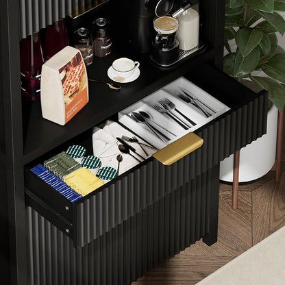Lulive 71" Fluted Pantry Cabinet with Charging Station, Black | Adjustable Shelves, Open Countertop, Drawer, Spacious Kitchen Storage