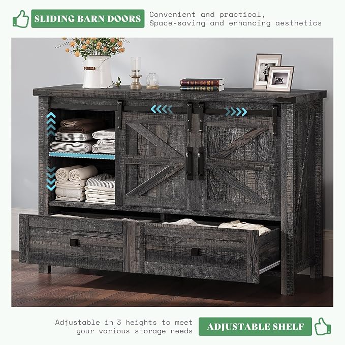 AMERLIFE 3-Piece Farmhouse Furniture Set with Sideboard Cabinet and 2 Nightstands, Sliding Barn Door Wood Storage Cabinet Set for Bedroom, Black Oak