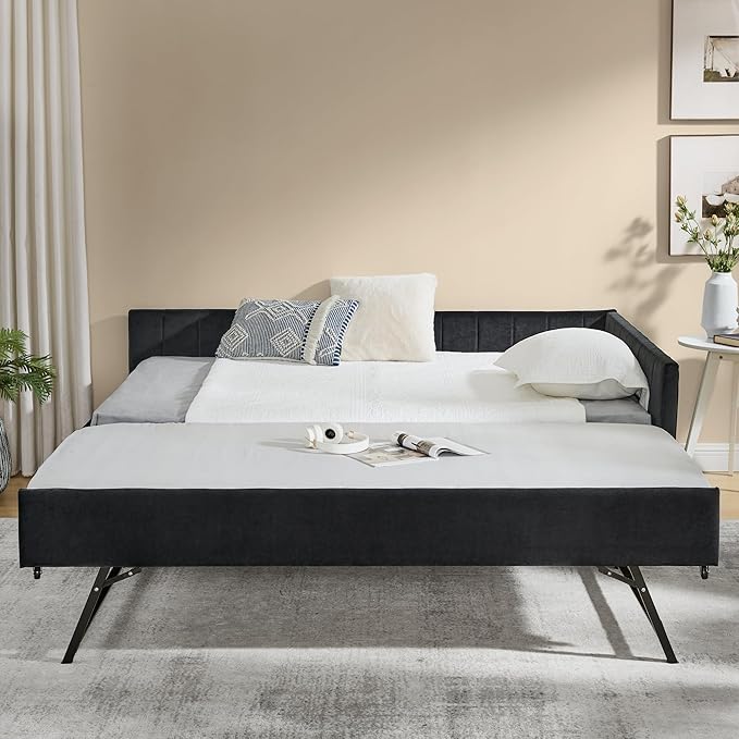KEIKI Full Size L-Shpaed Upholstery Daybed with Erectable Trundle, Full to King Design Mid-Century Extendable Velvet Sofa Bed, Easy Assembly, No Box Spring Required, for Living Room and Bedroom, Black