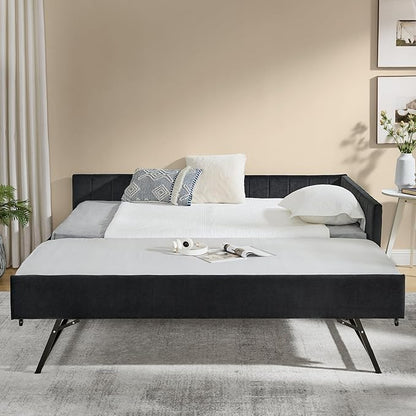 KEIKI Full Size L-Shpaed Upholstery Daybed with Erectable Trundle, Full to King Design Mid-Century Extendable Velvet Sofa Bed, Easy Assembly, No Box Spring Required, for Living Room and Bedroom, Black
