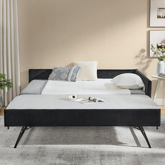 KEIKI Full Size L-Shpaed Upholstery Daybed with Erectable Trundle, Full to King Design Mid-Century Extendable Velvet Sofa Bed, Easy Assembly, No Box Spring Required, for Living Room and Bedroom, Black